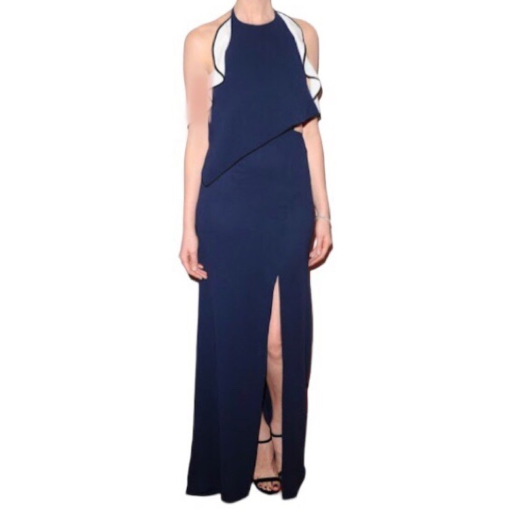 Jonathan Simkhai Cut Out Gown Formal Maxi Dress Size 0 Navy Blue White Ruffle
